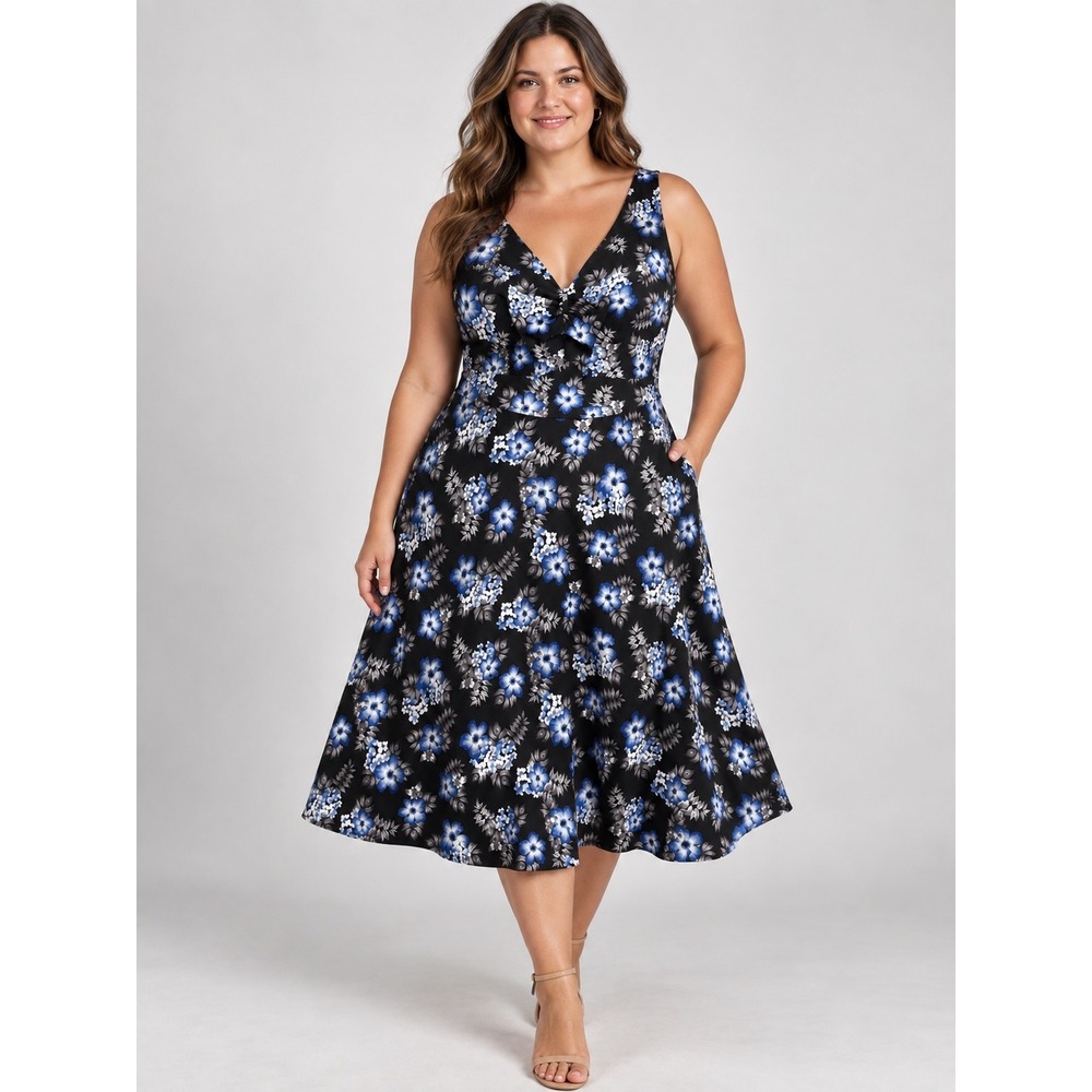 Torrid Blue Floral V-Neck Fit and Flare Midi Dress Black Size 12 Sleeveless